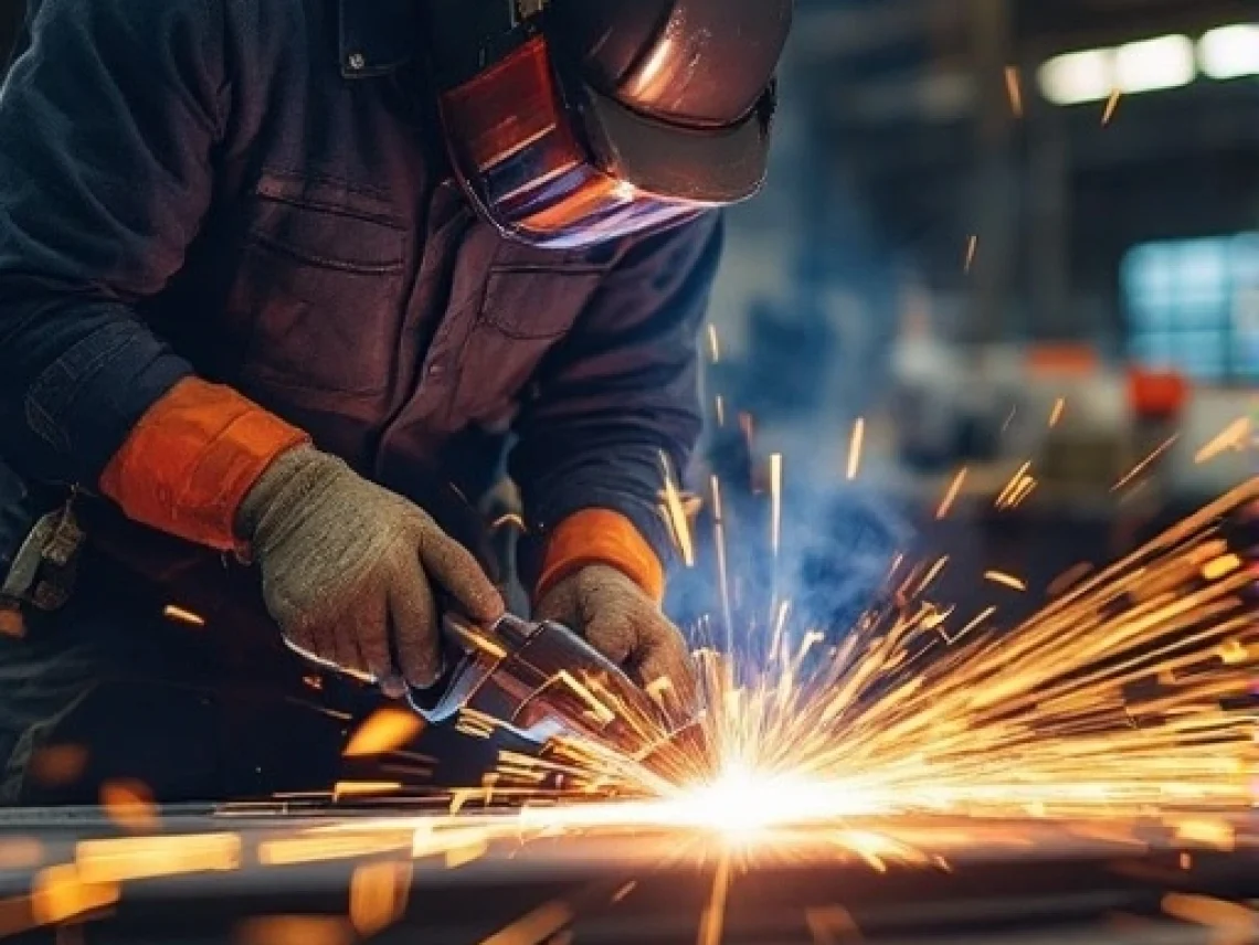 Sheet metal worker welding with sparks flying in an industrial workshop.
