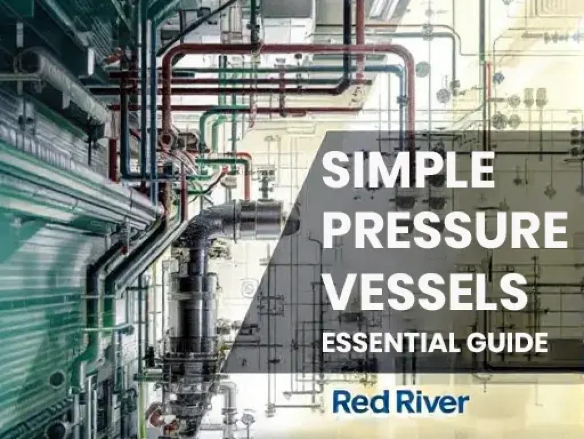 Technical illustration of an industrial piping system with the text “Simple Pressure Vessels Essential Guide” and the Red River logo.