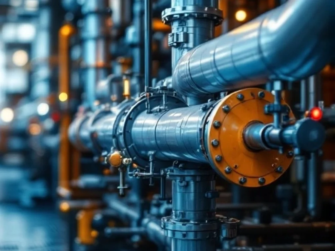 Industrial pressure vessel piping system with stainless steel pipes, valves, and orange flange in a modern facility.