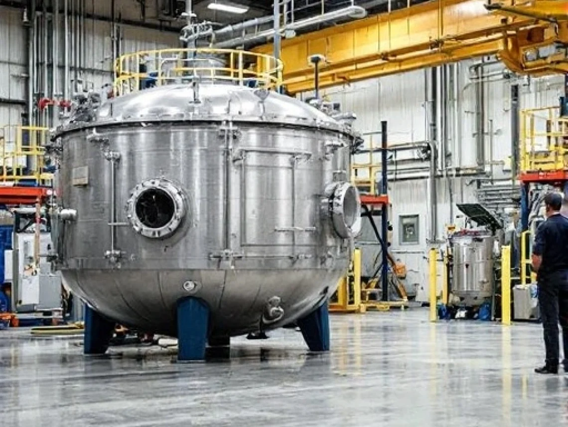 Stainless steel industrial pressure vessel in a factory with a person standing nearby for scale.