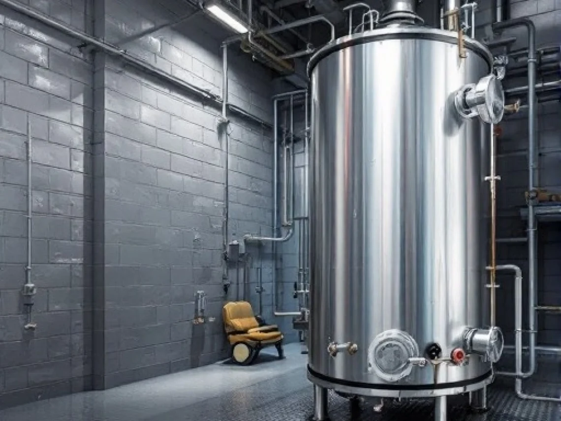 A stainless steel industrial boiler is in a mechanical room with metal pipes and a chair.