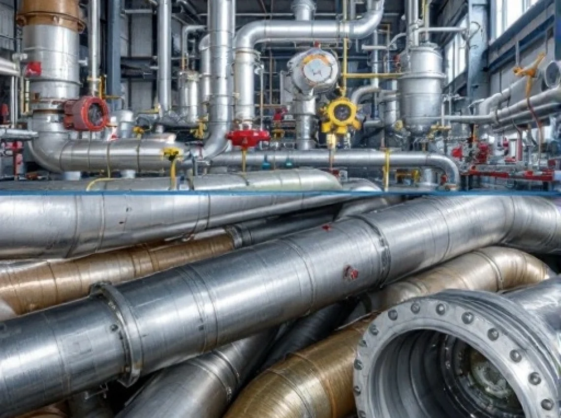 Industrial piping and pressure vessel system with valves and gauges in a processing plant