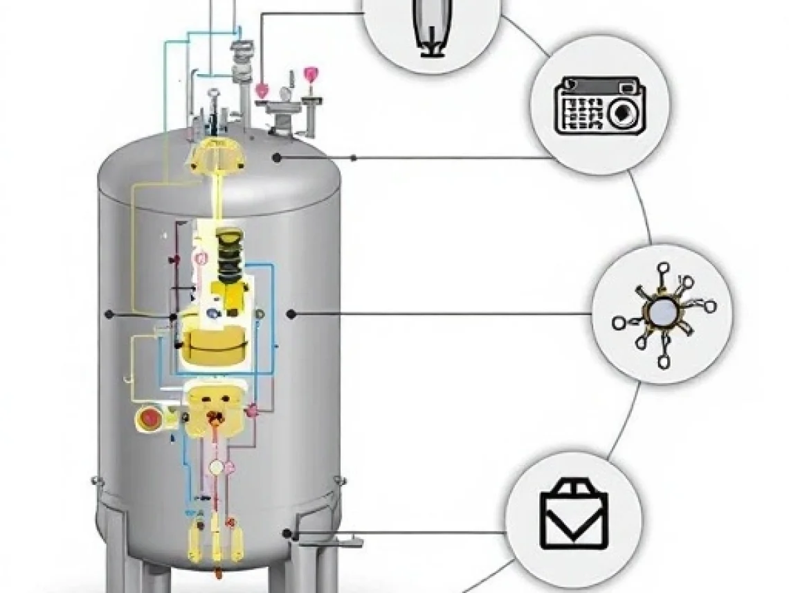 Diagram showing a pressure vessel with connected components like valves, gauges, and control systems.