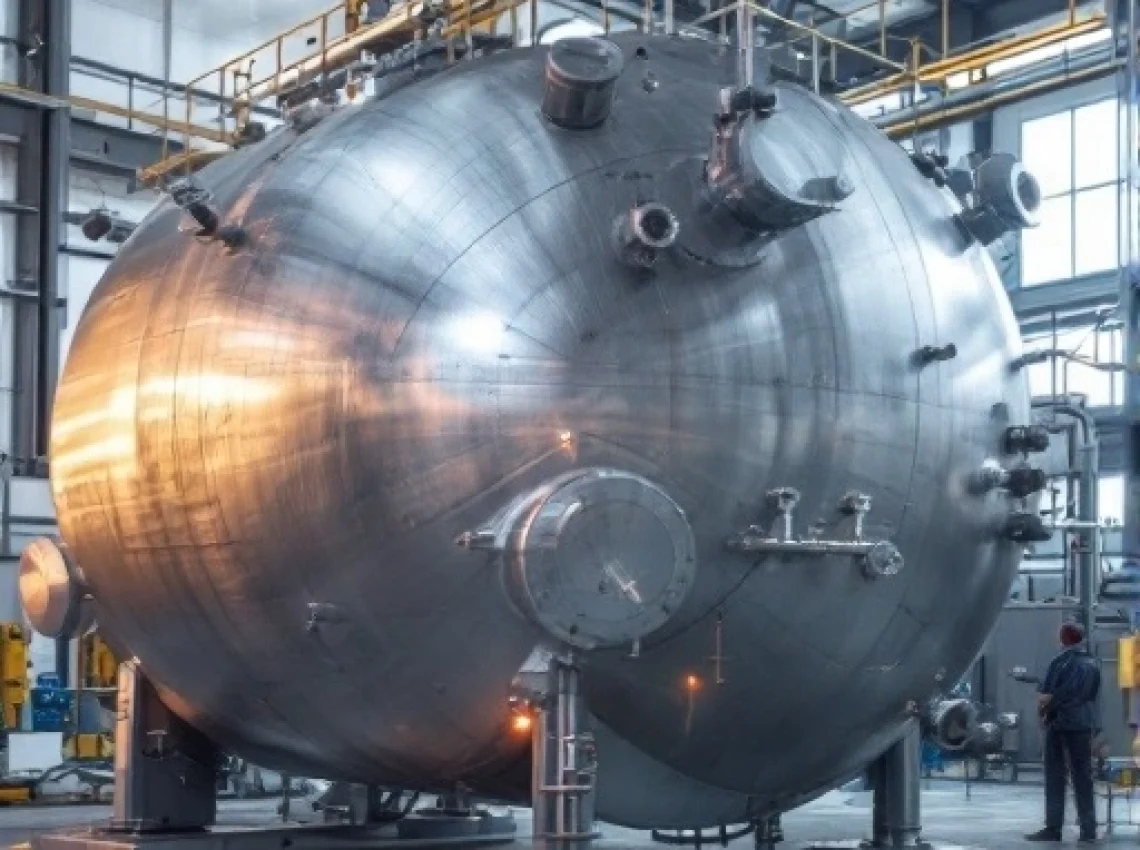 Industrial Type 3 pressure vessel with multiple attachments in a factory setting.