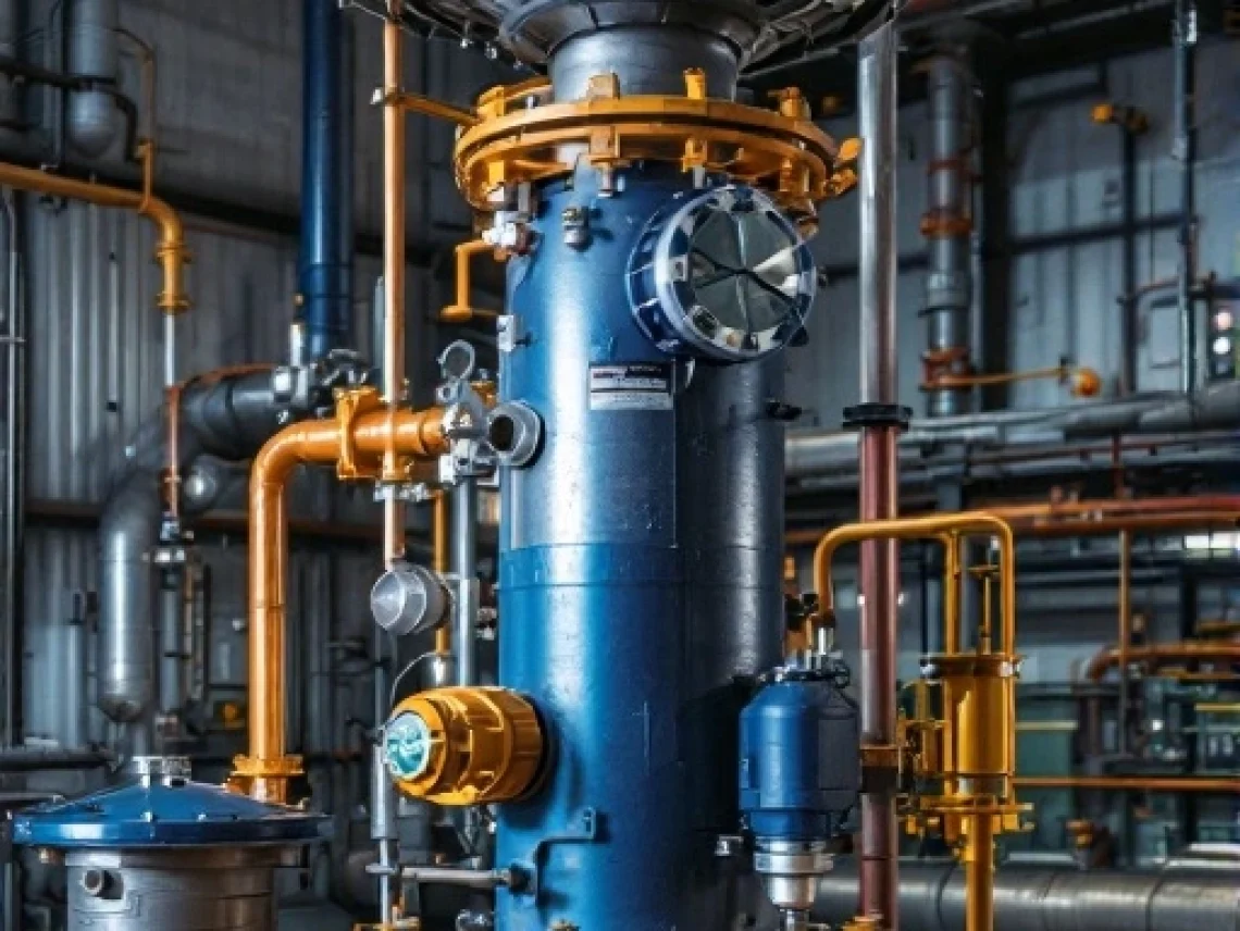 An industrial pressure vessel system with complex piping and equipment is in a processing plant.
