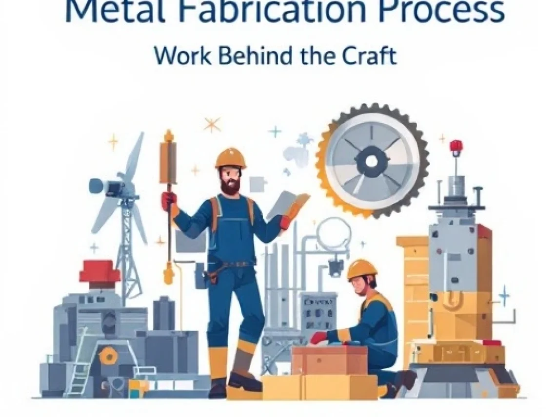 Two industrial workers operate in a metal fabrication facility surrounded by machines, gears, and engineering tools.