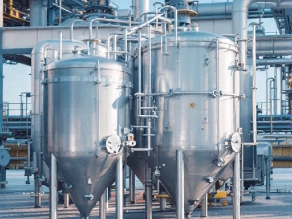 Stainless steel process vessels with conical bottoms in an outdoor industrial facility.