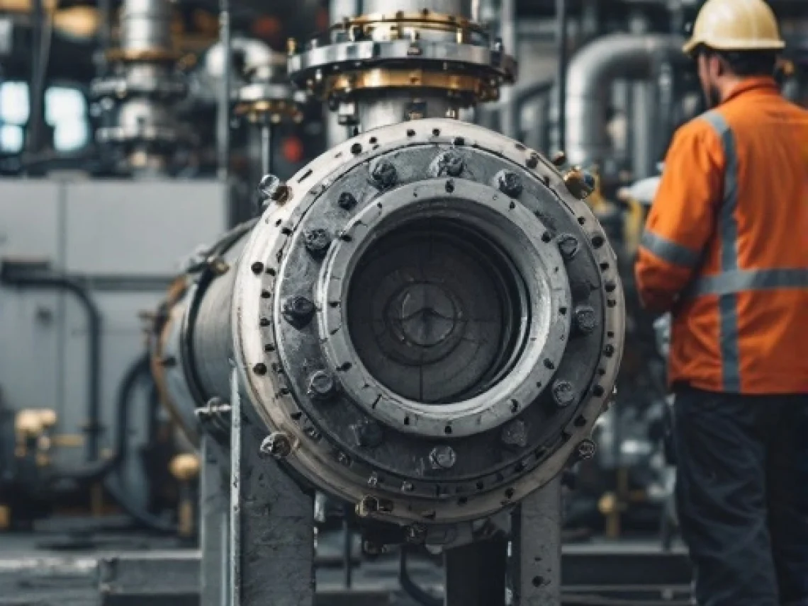 A technician is inspecting a large industrial pressure vessel surrounded by pipes and valves.