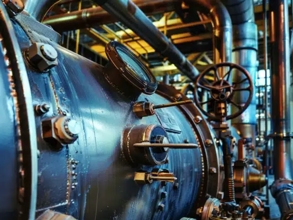 Close-up of an industrial pressure vessel with gauges, bolts, and pipes in a factory setting under warm overhead lighting.
