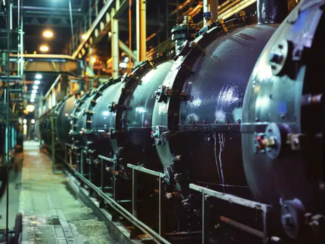 Row of industrial horizontal pressure vessels in a factory setting with pipes, lights, and maintenance platforms at night.