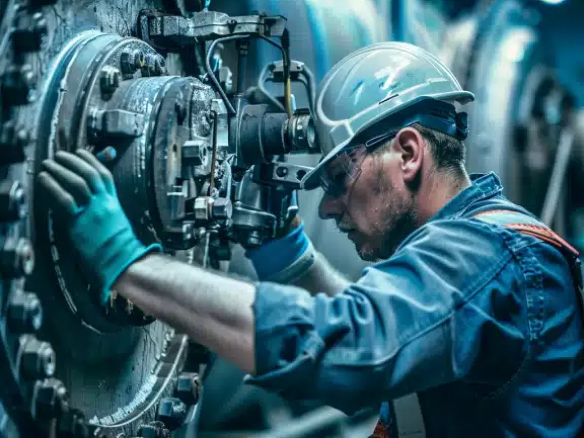 A worker in a safety helmet and gloves inspects a large industrial machine with mechanical components.