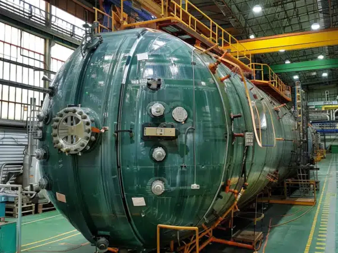 Industrial pressure vessel with multiple valves, meters, and an elevated platform inside a manufacturing facility.