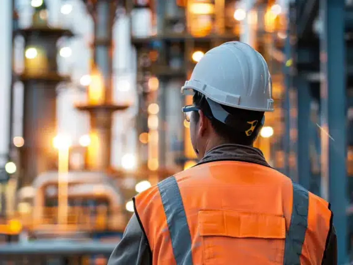 Construction worker in a helmet and safety vest overlooking an industrial plant at night with glowing lights and equipment.