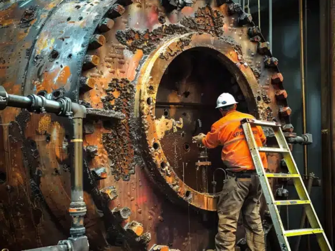 Worker inspects large corroded pressure vessel in industrial setting, wearing safety gear and using a yellow ladder.