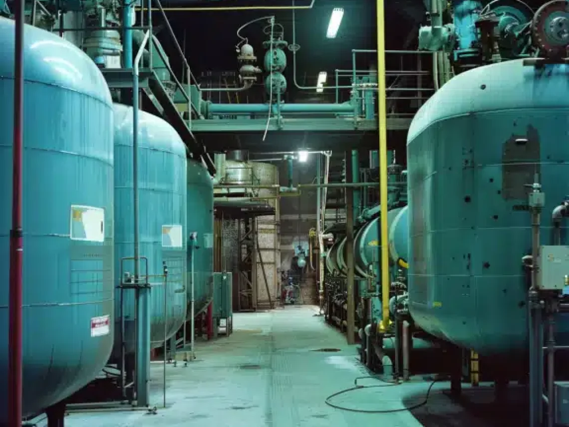 Interior of an industrial facility with large blue pressure vessels, overhead piping, and maintenance platforms.