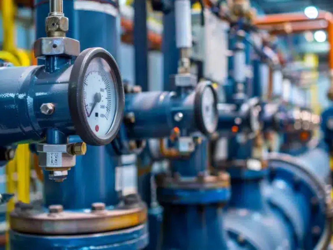 Close-up of industrial pressure gauges on blue pipes used for accurate pressure monitoring in a plant.