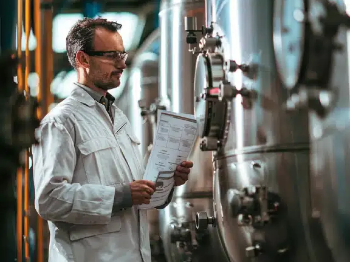 Engineer in lab coat inspects pressure vessel and reviews checklist in industrial manufacturing plant.