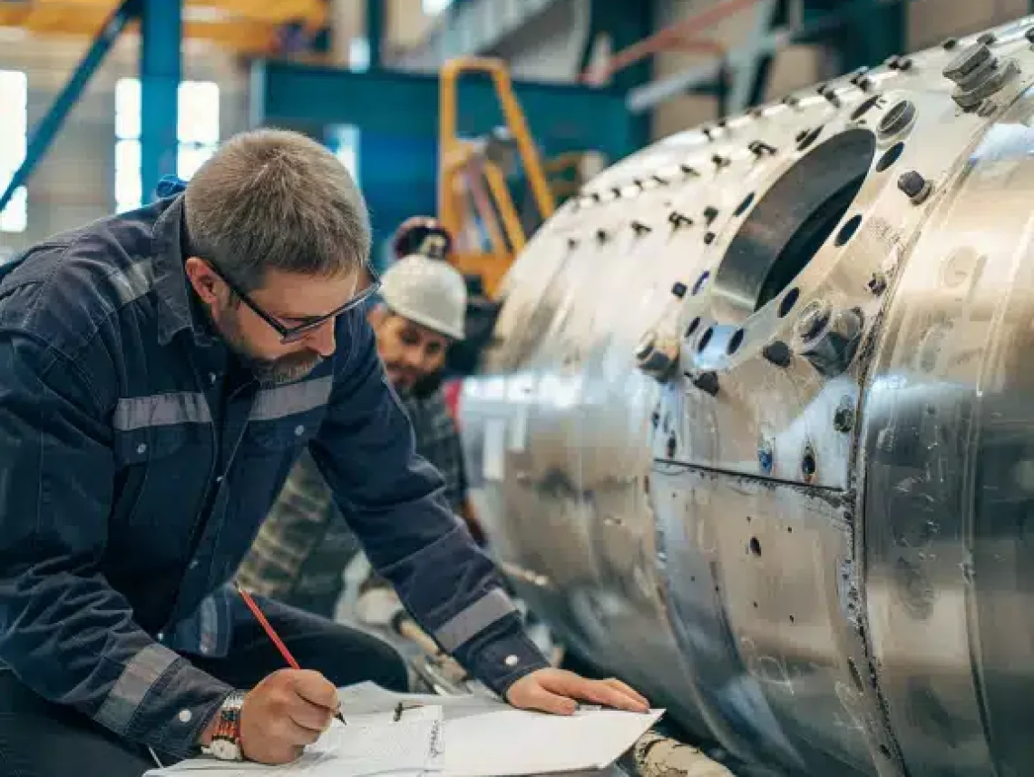 A worker in protective gear inspects a large industrial pressure vessel while taking notes in a manufacturing facility.
