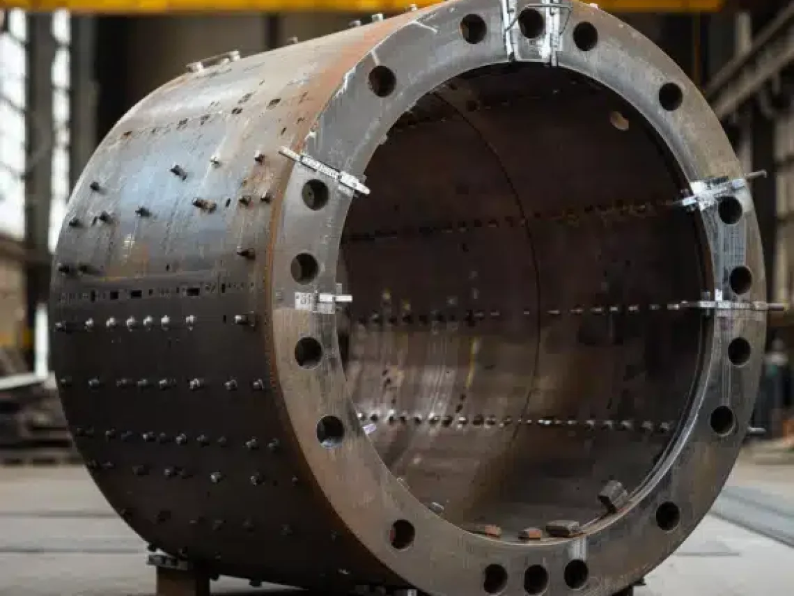 Large cylindrical industrial pressure vessel with numerous bolts and flanges, situated on supports inside a spacious factory.