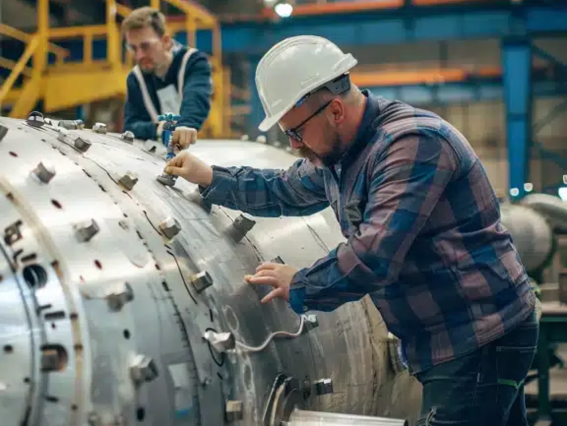 Two workers in a factory working on a large industrial pressure vessel, inspecting and adjusting it with tools nearby.
