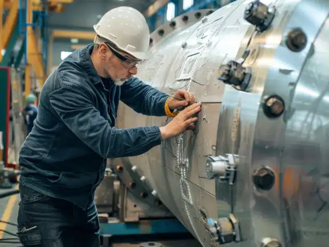 A skilled worker in a hard hat examines and inspects the large industrial pressure vessel in a workshop with bright lighting.