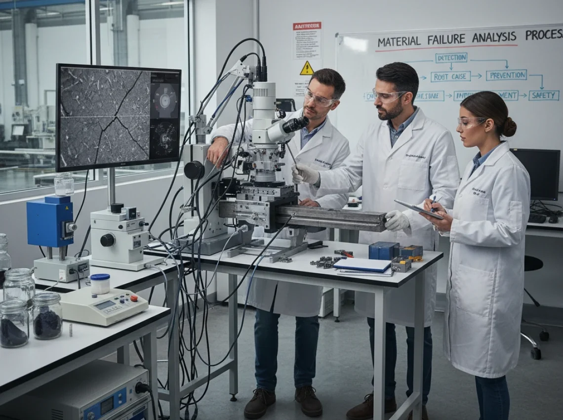 Engineers conducting material failure analysis on metal components