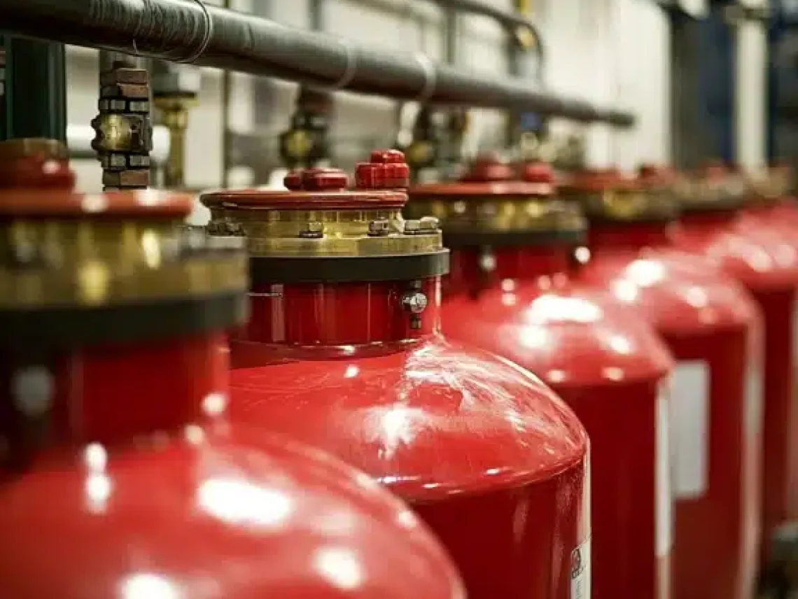 Row of red industrial pressure vessels with brass fittings and connected piping system inside a mechanical or utility room.
