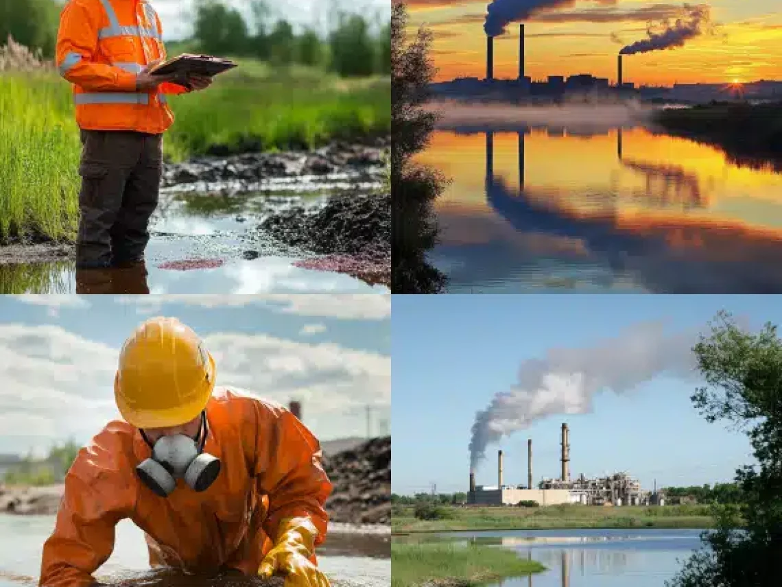 Workers examining water pollutants. Factory Emissions, and EPA levels.
