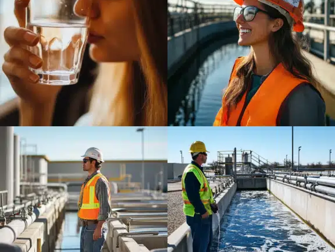 a woman drinking water and workers inspecting safe drinking water facilities
