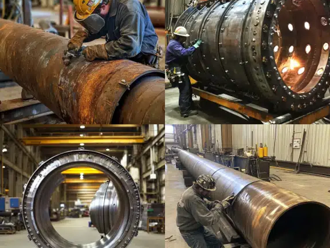 pv181 (1) Workers in protective gear assembling, welding, and polishing large industrial pipes and metal components in a factory.